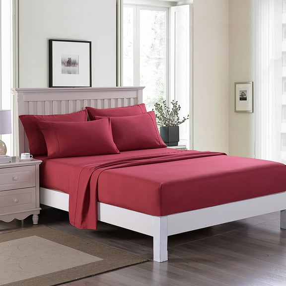 JML Queen Bed Sheet Set 6 Piece, Brushed Microfiber Sheet Set With 14" Deep Pockets, Burgundy