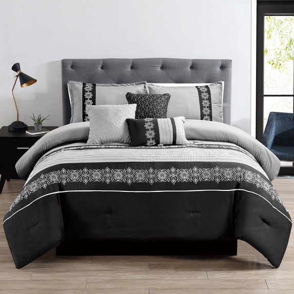 JML Queen Comforter Set 7 piece, Black & Grey, Embroidered Floral Design Comforter