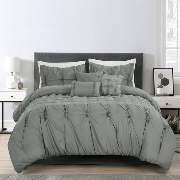 JML Queen Comforter Set 7 piece, Grey, Needle Stitch Pinch Pleat Design Comforter