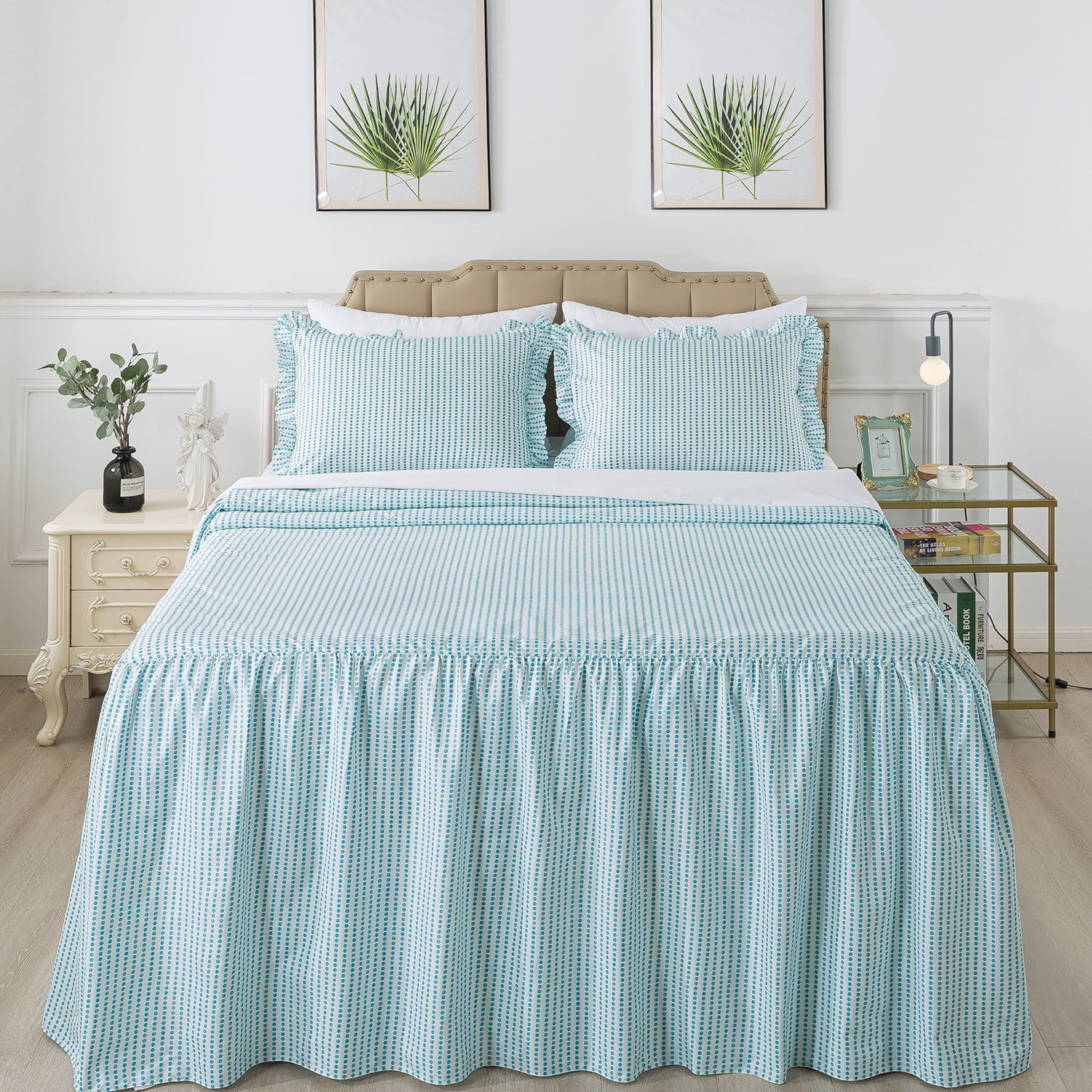JML Queen Ruffle Skirt Bedspread Set,3 Piece Ruffled Polka Dot ...