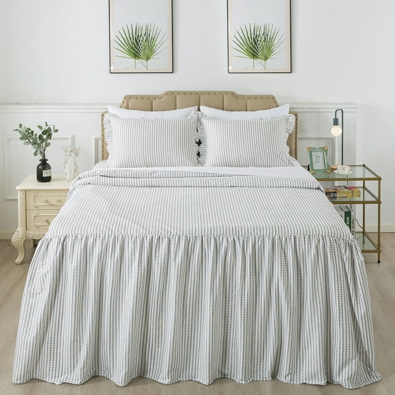 JML Queen Ruffle Skirt Bedspread Set,3 Piece Ruffled Polka Dot Bedspread with 30" Drop