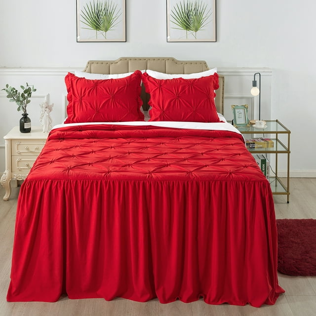 JML Queen Ruffle Skirt Bedspread Set 4 Piece, Pintuck Coverlet with