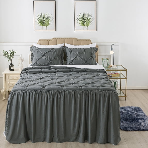 JML Queen Ruffle Skirt Bedspread Set 4 Piece, Pintuck Coverlet with Shams and Area Rugs