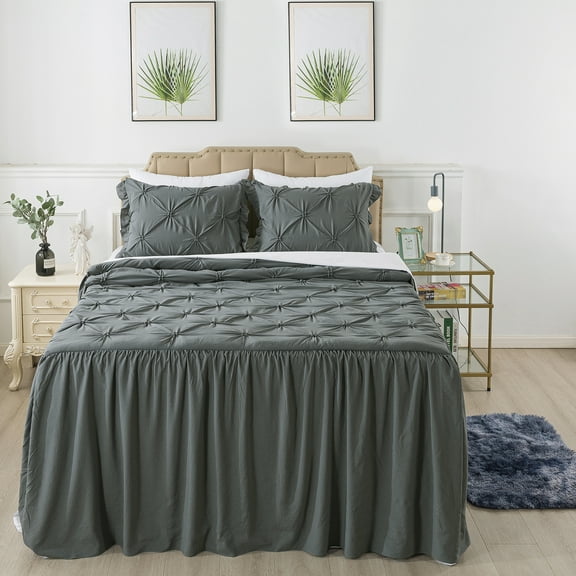 JML Queen Ruffle Skirt Bedspread Set 4 Piece, Pintuck Coverlet with Shams and Area Rugs