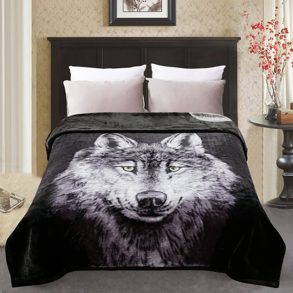JML Queen Size Bed Blanket, Plush Fleece Blanket for Bed Queen 83"x91" 5.7lb,2 Ply Raschel Bed Blanket Black Wolf Pattern