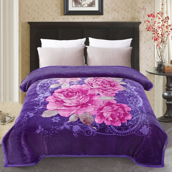 JML Queen Size Bed Blanket, Plush Fleece Blanket for Bed Queen 83"x91" 5.7lb,2 Ply Raschel Bed Blanket Purple Floral Pattern