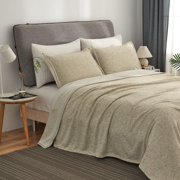 JML Queen Size Bed Blanket Set(90"x90") with 2 Shams - 3 Piece Knit Fuzzy Heather Jersey Blanket