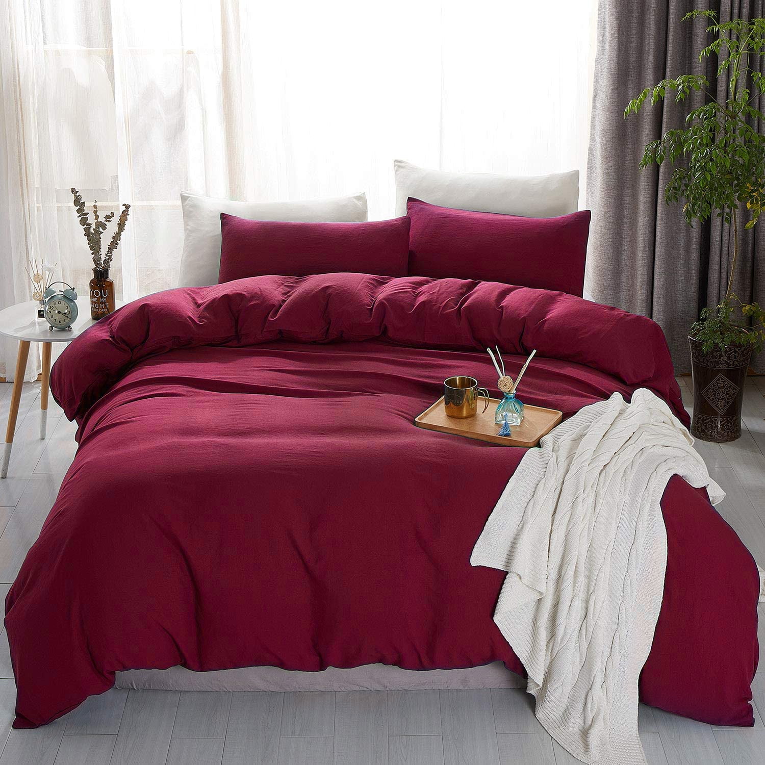 JML Queen Size Duvet Cover Set 3 Piece, Washed Microfiber Comforter Cover,Burgundy