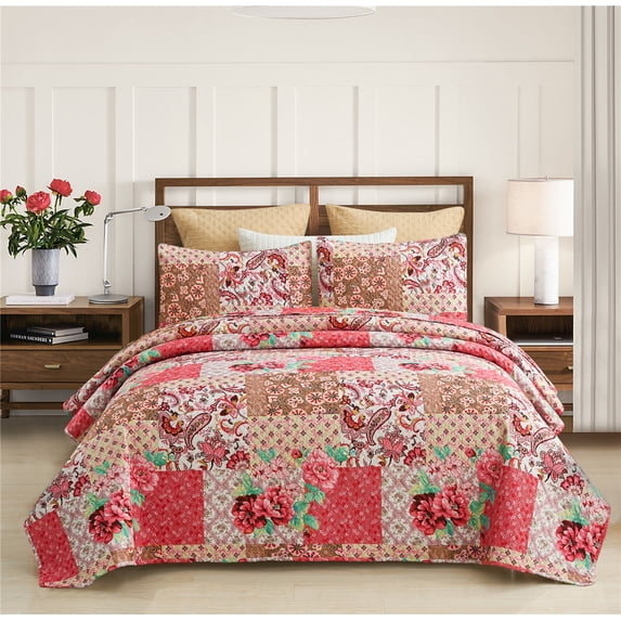 JML Quilt Set 3 Piece, Embossed Bedspread Bedding Set With 2 Shams, Queen, Pink & Green
