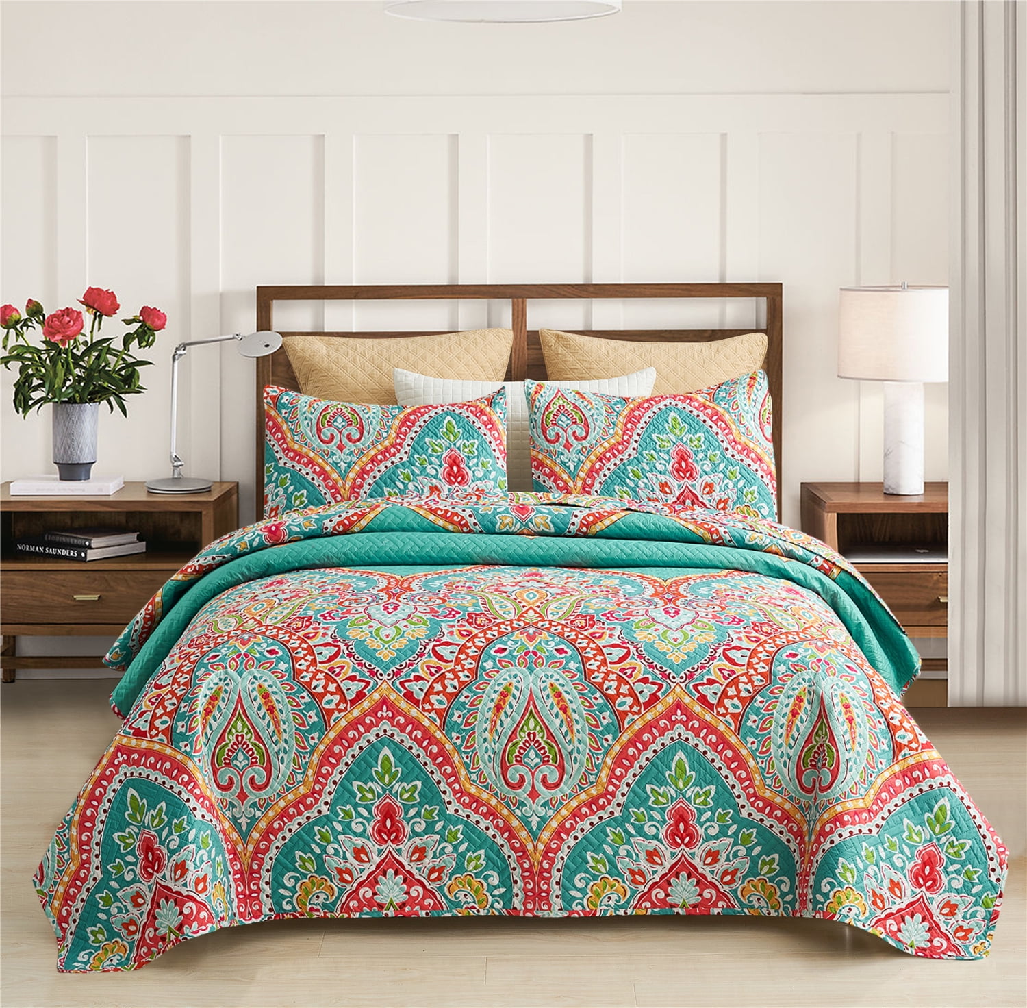 JML Quilt Set 3 Piece, Embossed Bedspread Bedding Set with 2 Shams, King, TurquoIse & Tangerine