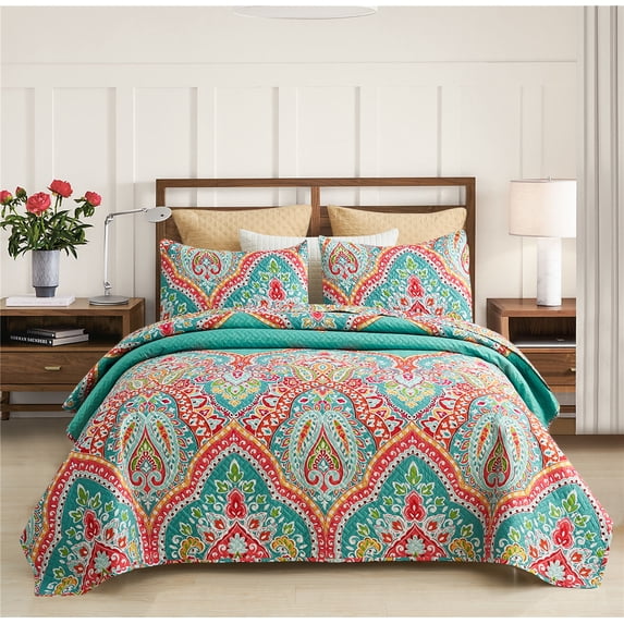 JML Quilt Set 3 Piece, Embossed Bedspread Bedding Set with 2 Shams, King, TurquoIse & Tangerine