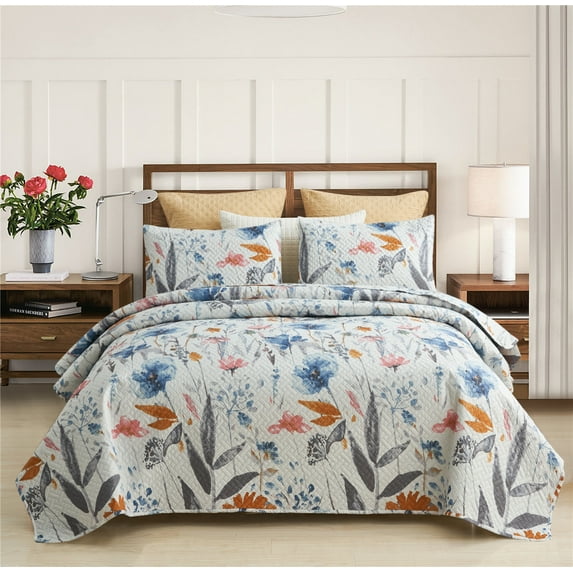 JML Quilt Set 3 Piece, Embossed Bedspread Bedding Set with 2 Shams, Queen, Colorful Floral