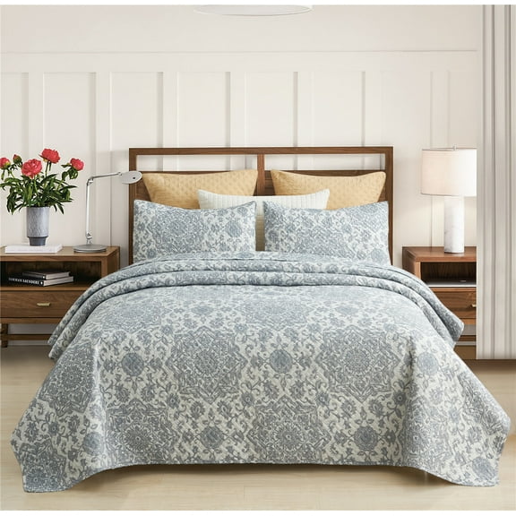 JML Quilt Set 3 Piece, Embossed Bedspread Bedding Set with 2 Shams, Queen, Light Grey & Blue Floral