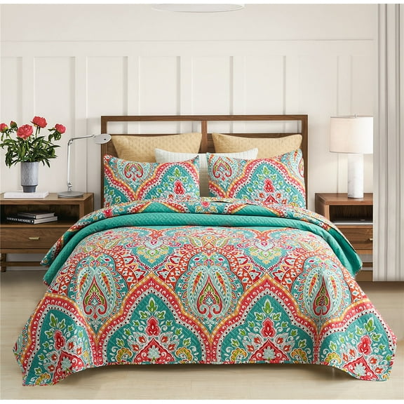 JML Quilt Set 3 Piece, Embossed Bedspread Bedding Set with 2 Shams, Queen, TurquoIse & Tangerine