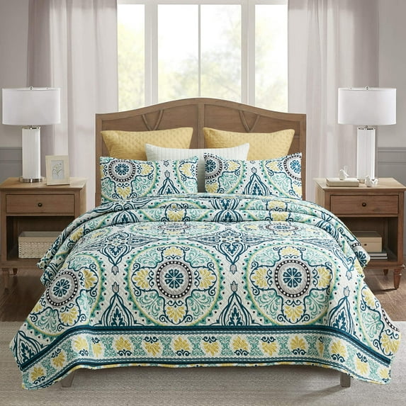 JML Quilt Set 3-Piece King Size, Soft Reversible 1 Quilt & 2 Shams Bedspread Coverlet Set,Atrovirens & Yellow