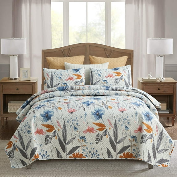 JML Quilt Set 3-Piece King Size, Soft Reversible 1 Quilt & 2 Shams Bedspread Coverlet Set,Colorful Floral