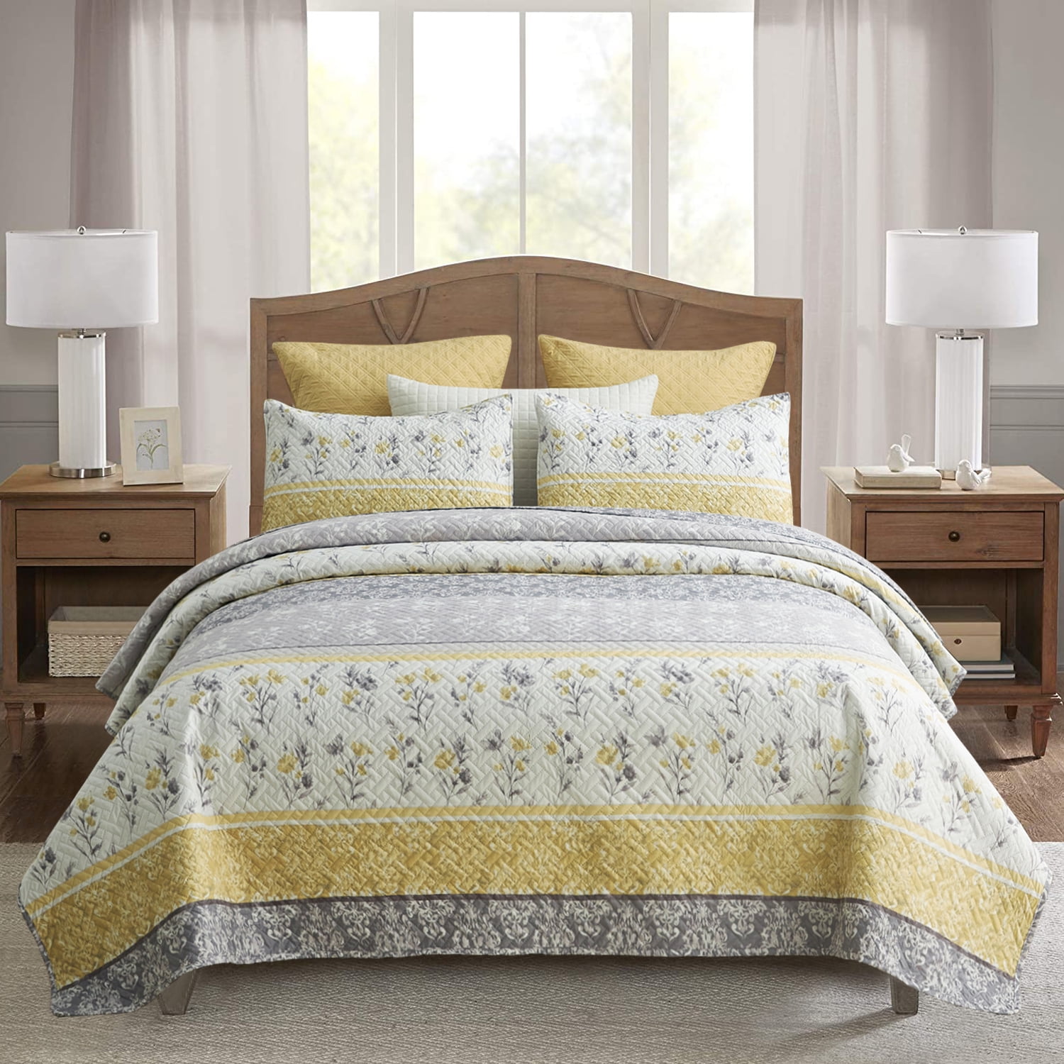 King Size Grey and Yellow Floral Microfiber Quilt Set
