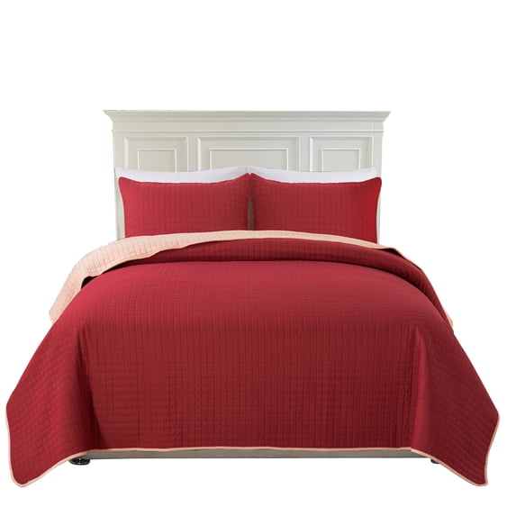 JML Quilt Set 3 Piece Microfiber Coverlet Shams Set, Reversible King, Red & Pink