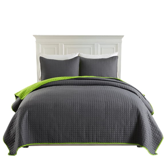 JML Quilt Set 3 Piece Microfiber Coverlet Shams Set, Reversible Queen, Grey & Green