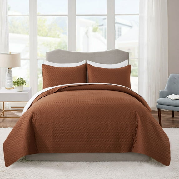 JML Quilt Set 3 Piece Microfiber Coverlet Shams Set, Soft Lightweight King, Brown
