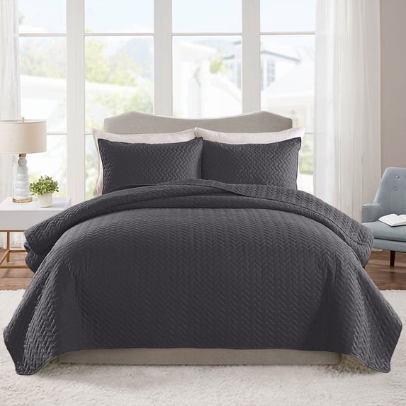 JML Quilt Set 3 Piece Microfiber Coverlet Shams Set, Soft Lightweight Queen, Dark Grey