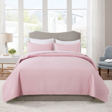 JML Quilt Set 3 Piece Microfiber Coverlet Shams Set, Soft Lightweight Queen, Pink