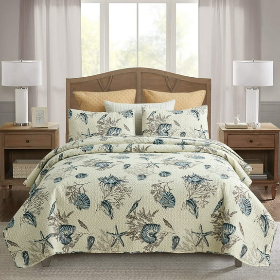 JML Quilt Set 3-Piece Queen Size, Soft Reversible 1 Quilt & 2 Shams Bedspread Coverlet Set,Beach