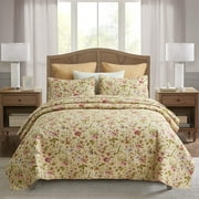 JML Quilt Set 3-Piece Queen Size, Soft Reversible 1 Quilt & 2 Shams Bedspread Coverlet Set,Beige Floral