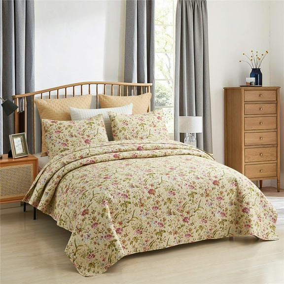 JML Quilt Set, King, Beige Flowers, 3 Piece
