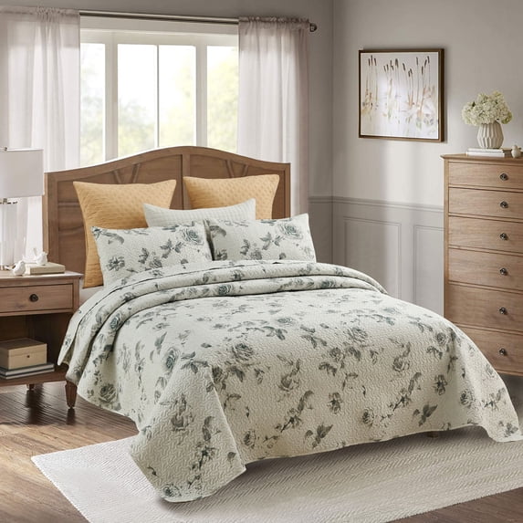 JML Quilt Set, King, Grey Flower, 3 Piece