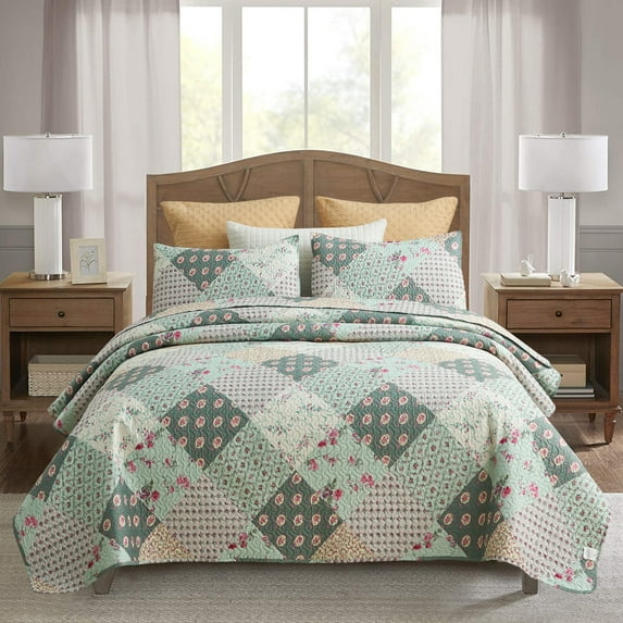 JML Quilt Set, King, Light Green Gardens Style, 3 Piece