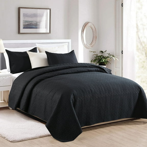 JML Quilt Set King Size 3 Piece,Microfiber Embossed Bedspread Black,92"x104"