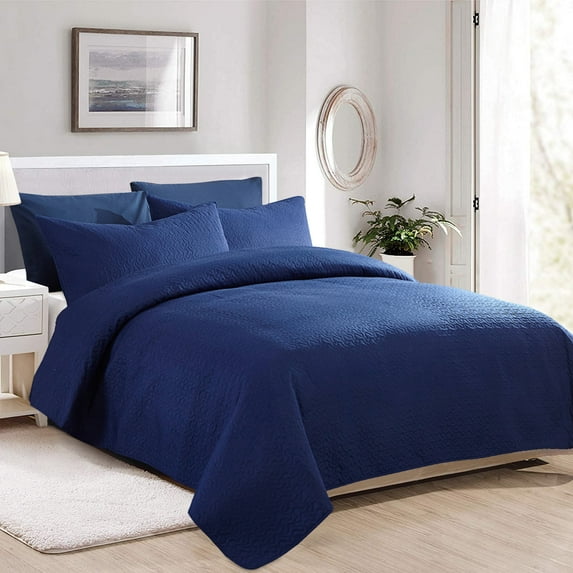 JML Quilt Set King Size 3 Piece,Microfiber Embossed Bedspread Navy Blue,92"x104"