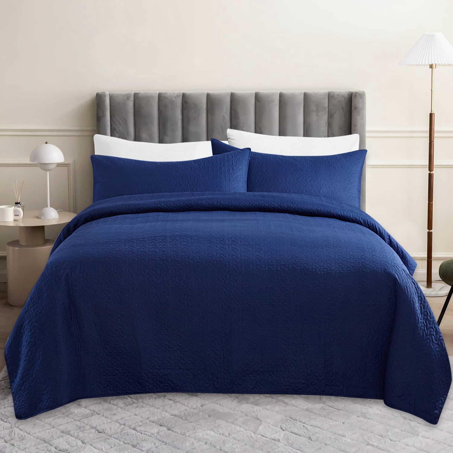 JML Quilt Set King Size Lightweight Bedspread, Soft Summer Quilt Bedding Set Coverlet for All Seasons with 3 Piece (1 Quilt, 2 Pillow Shams), Navy