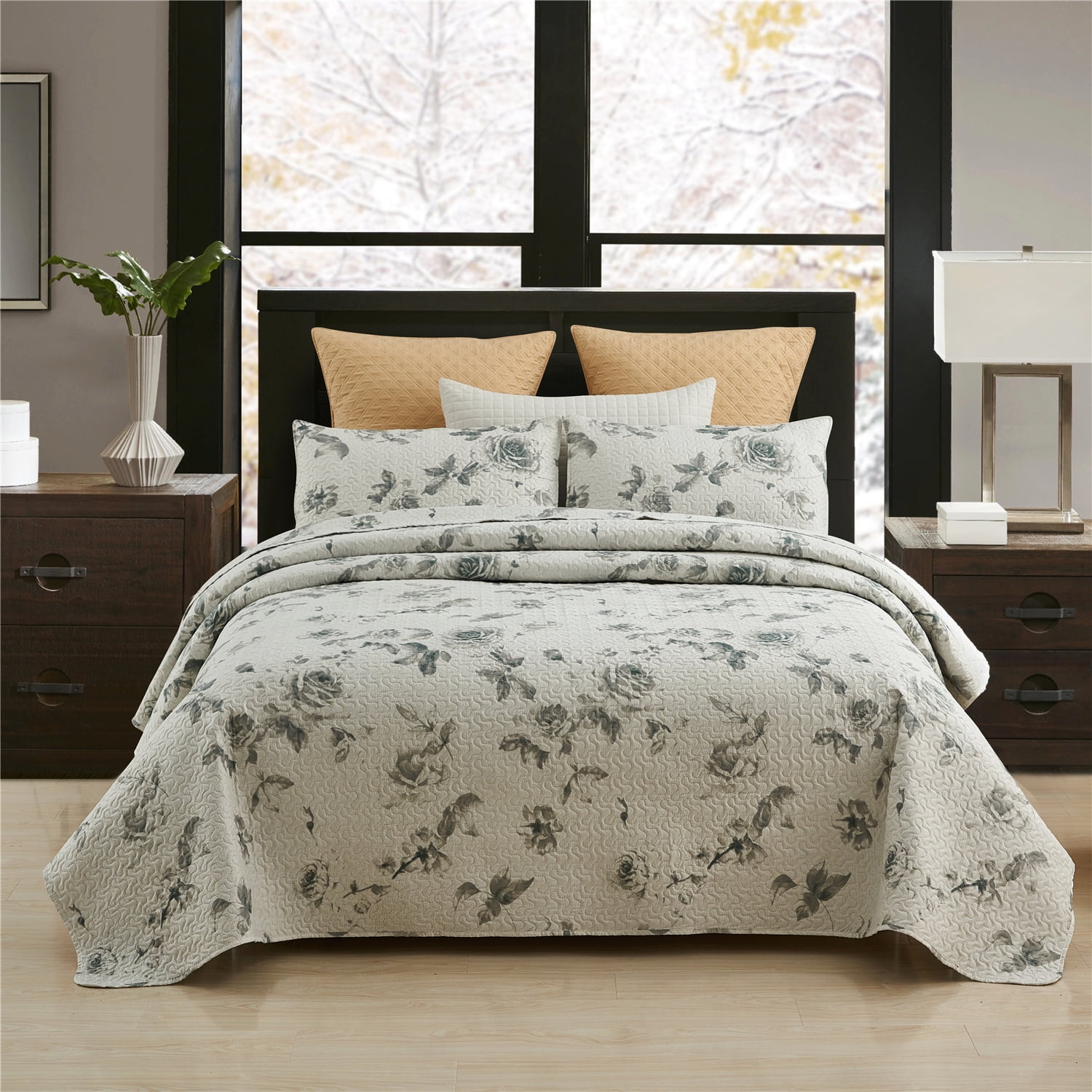 JML Quilt Set, Queen, Grey Flower, 3 Piece