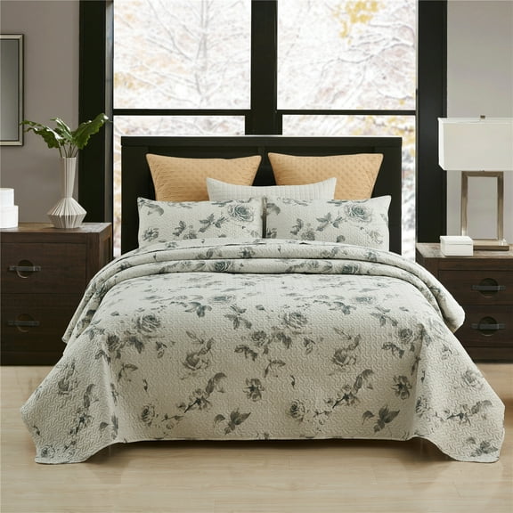 JML Quilt Set, Queen, Grey Flower, 3 Piece
