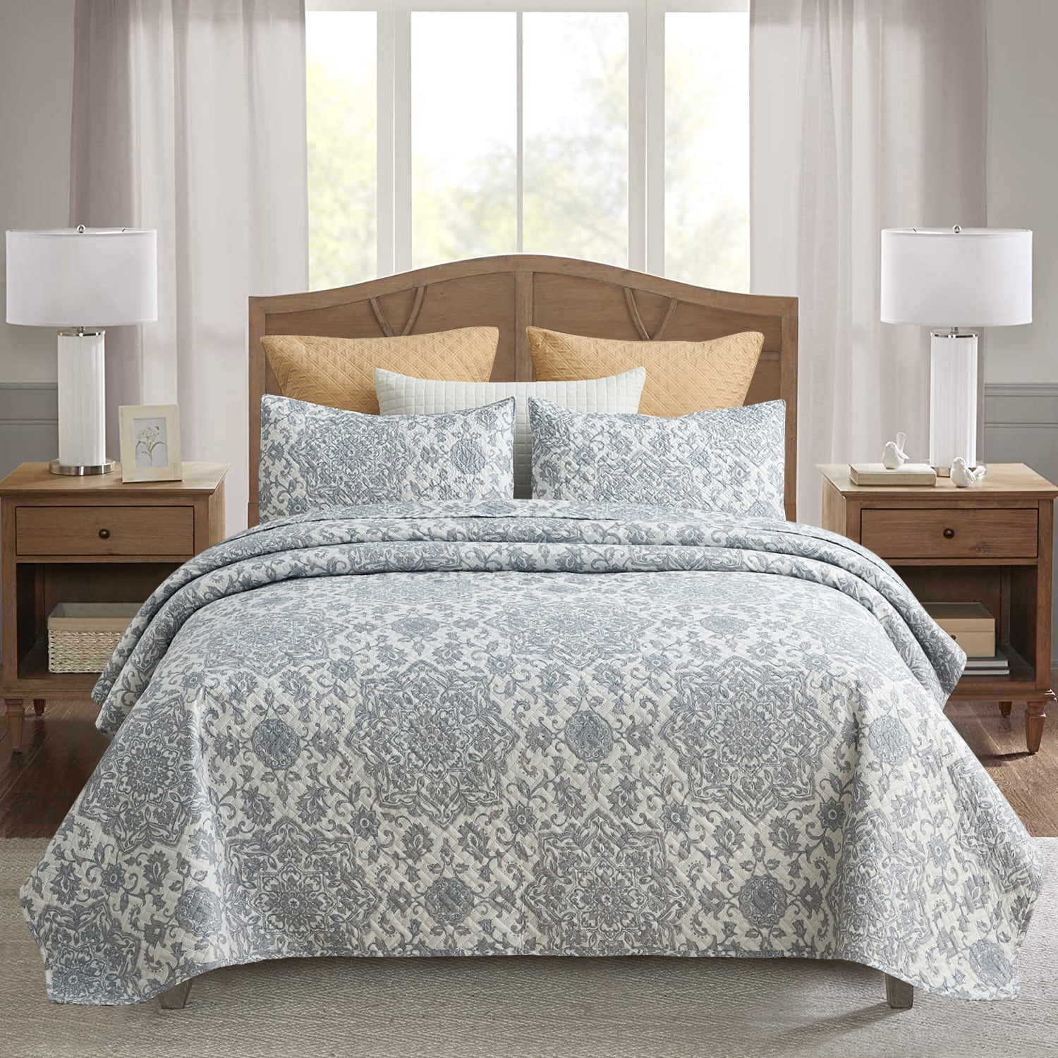 JML Quilt Set, Queen, Light Grey & Blue Floral, 3 Piece - Walmart.com