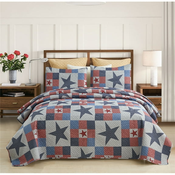 JML Quilt Set, Queen, Navy & Red Stars, 3 Piece