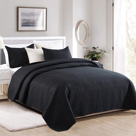JML Quilt Set Queen Size 3 Piece,Microfiber Embossed Bedspread Black,88"x92"
