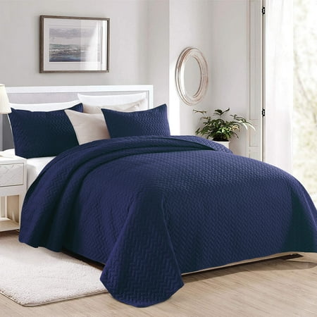 JML Quilt Set Queen Size 3 Piece,Microfiber Embossed Bedspread Navy,88"x92"