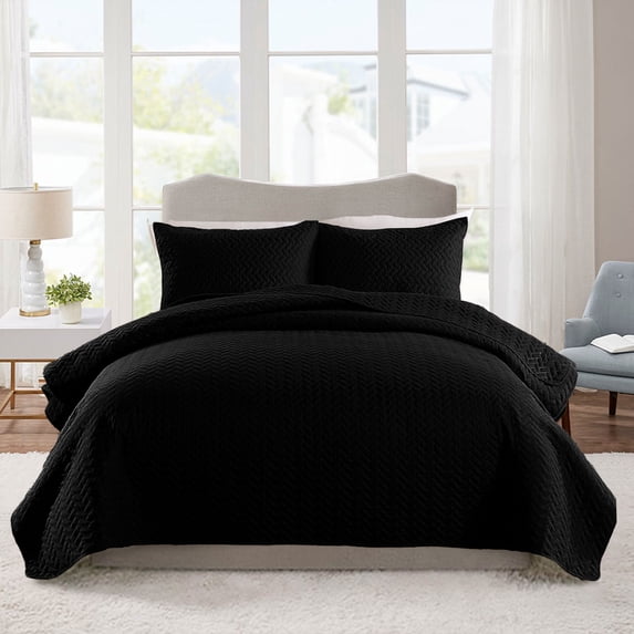 JML Quilt Set Queen Size 3 Piece, Soft Microfiber Coverlet Set With 2 Shams,Black Weave