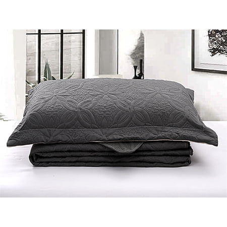 JML Quilt Set 3 Piece Microfiber Coverlet Shams Set, Soft Lightweight Queen, Grey Floral