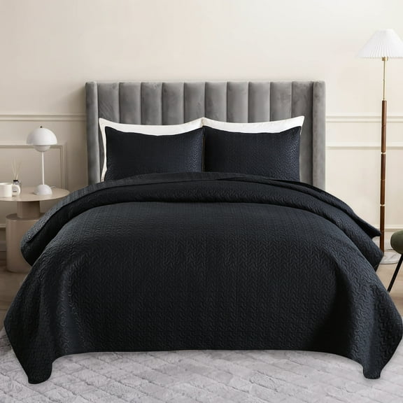 JML Quilt Set Queen Size Lightweight Bedspread, Soft Summer Quilt Bedding Set Coverlet for All Seasons with 3 Piece (1 Quilt, 2 Pillow Shams), Black