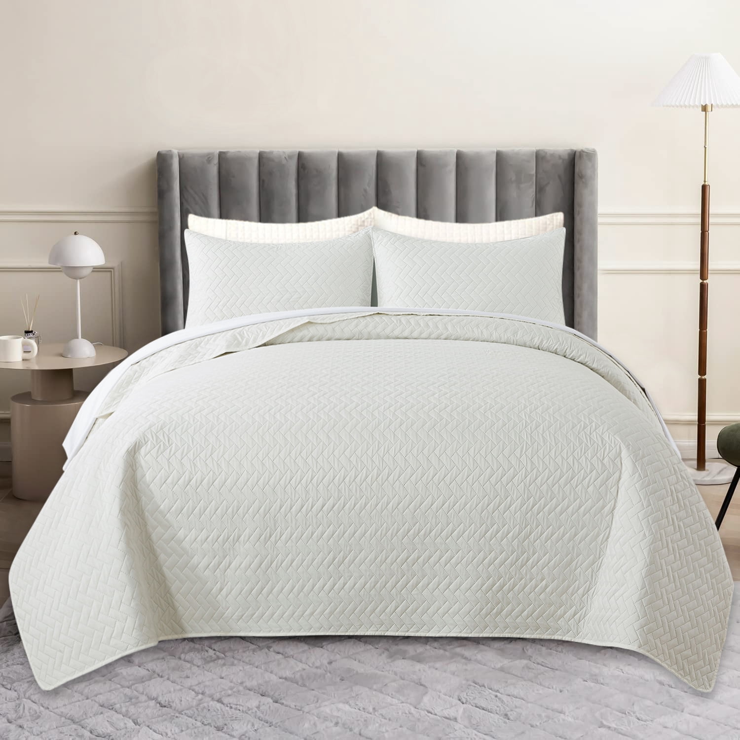 JML Quilt Set Queen Size Lightweight Bedspread, Soft Summer Quilt Bedding Set Coverlet for All Seasons with 3 Piece (1 Quilt, 2 Pillow Shams), White