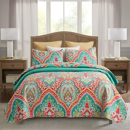 JML Quilt Set, Queen, Turquoise & Tangerine, 3 Piece