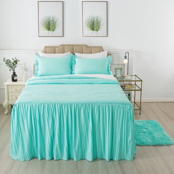 JML Ruffle Skirt Bedspread Set - 4 Piece, Soft Quilt Set with Shams and Area Rugs,Full,TiffanyBlue