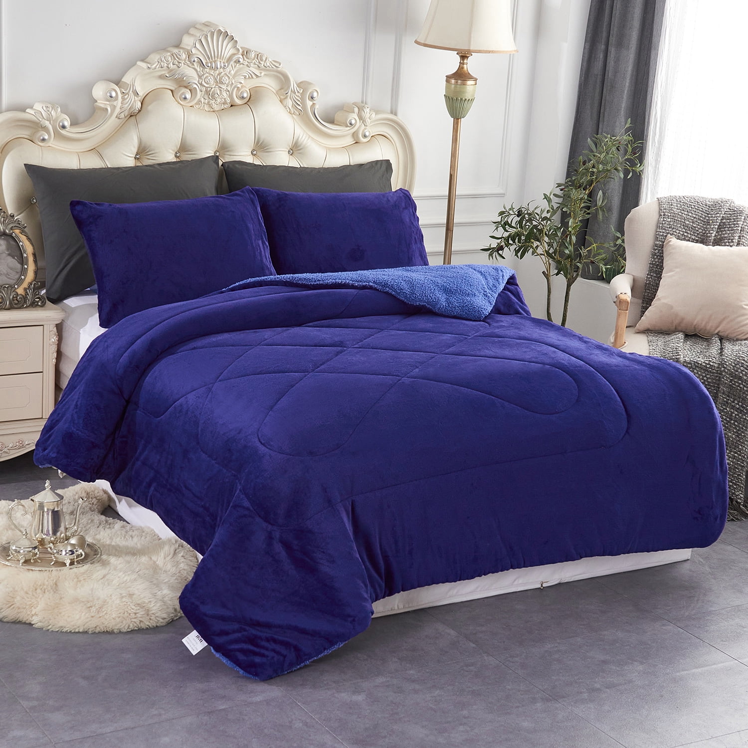 JML Sherpa Fleece Bed Blanket Cal King 3 Pieces,Thick Warm Blanket,Navy,87" x 95",7.5lb