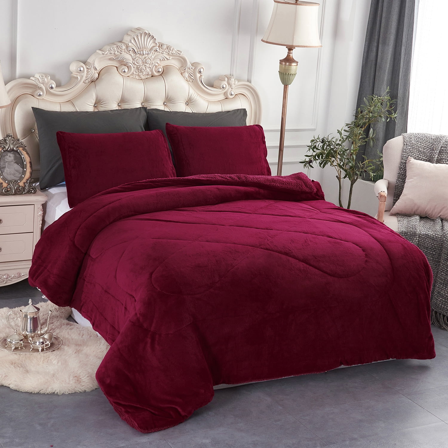 JML Sherpa Fleece Bed Blanket King 3 Pieces,Thick Warm Blanket,Burgundy,79" x 91",6.5lb