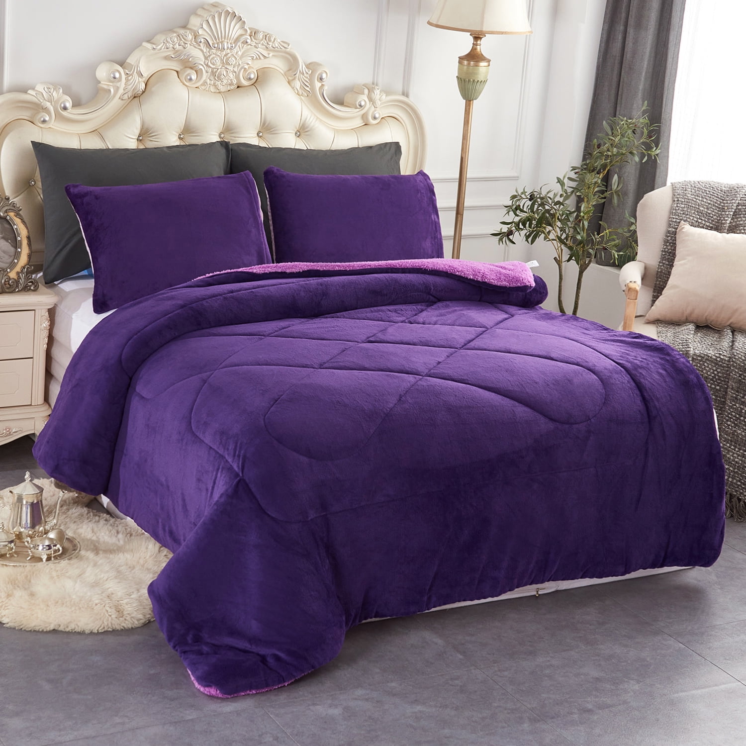 JML Sherpa Fleece Bed Blanket King 3 Pieces,Thick Warm Blanket,Purple,79 x  91,6.5lb