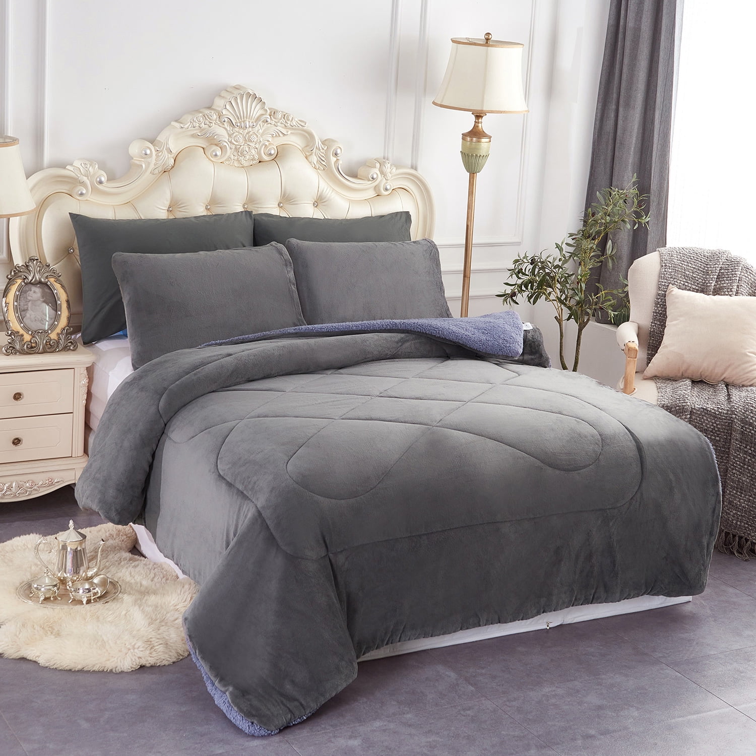 JML Sherpa Fleece Bed Blanket Queen 3 Pieces,Thick Warm Blanket,Grey,75 x  83,5.7lb 